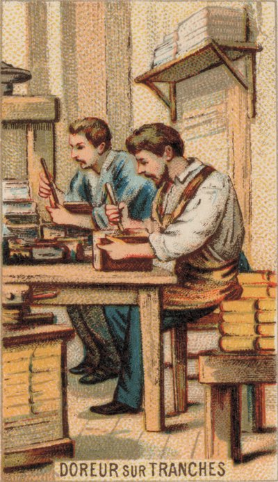 Miehet kullattavat kirjoja kullalla (chromolitho) tekijältä French School