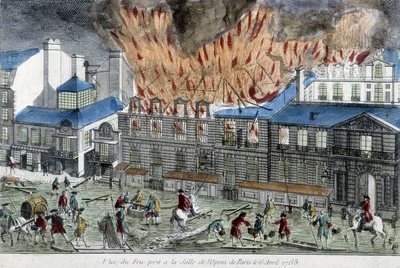 Miehet yrittävät sammuttaa Pariisin oopperan tulta vuonna 1763. tekijältä French School