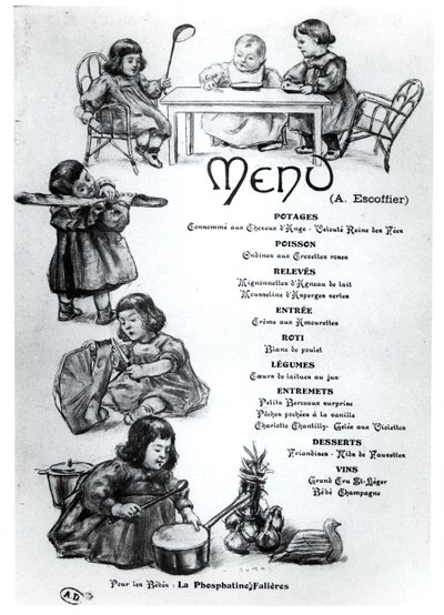Auguste Escoffierin (1846-1935) luoma ruokalista lapsille ja vauvoille, n. 1900 tekijältä French School