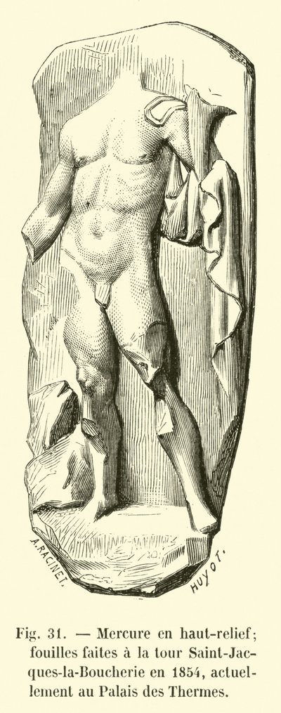 Elohopea korkea helpotus; kaivaukset Saint-Jacques-la-Boucherien tornissa vuonna 1854, tällä hetkellä Palais des Thermesissä tekijältä French School