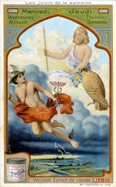 Merkurius ja Jupiter pelaavat keskiviikkona ja torstaina. 1800-luvun mainos "Todellinen Liebig-lihauute". tekijältä French School