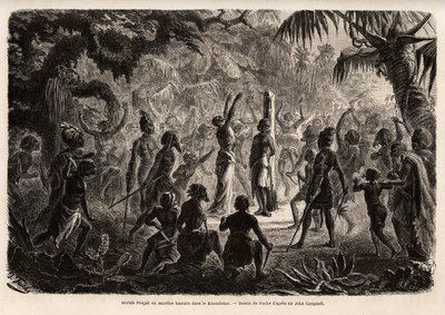 Meriah Pujah tai ihmisuhri, Khondistan (Englannin Intia). Fuchsin piirros havainnollistamaan majuri John Campbellin tutkimusta ihmisuhreista Englannin Intiassa tekijältä French School