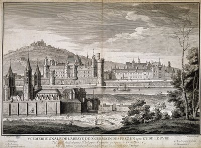 Meridionaalinen näkymä Saint Germain des Presin luostarille ja Louvrelle vuonna 1410 - kaiverrus tekijältä French School