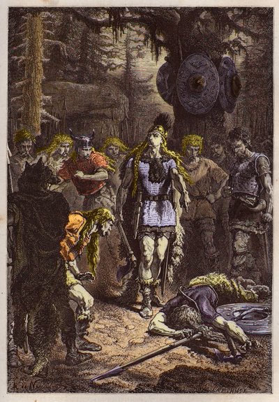 Merovingiens: Clovis 1er ampui alas sotilaan, joka oli rikkonut Soissons-maljakon, en 486 - Clovis (465-511) ja frankkilainen soturi, joka rikkoi Soissons-maljakon vuonna 486 - kaiverrus "" L