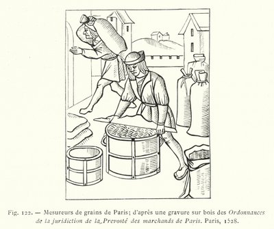 Pariisin viljanmittaajat; puupiirros Ordannances de la Jurisdiction de la Prevoste des Marchands de Parisista, Pariisi tekijältä French School