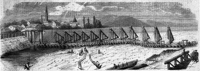 Meteorologinen ilmiö: Reinin kuivuminen vuonna 1858. Näkymä Kehlin sillalle (Saksa), otettu alavirtaan Ranskan rannikolta. Kaiverrus "" Le Monde Illustré" -julkaisussa nro 50, 27. maaliskuuta 1858. tekijältä French School