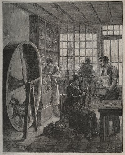 Metier ja käsityöläinen: ruokailuvälinekauppa maakunnassa 1800-luvulla. Kaiverrus vuodelta 1885 kirjassa "Les arts et metiers illustres", kirjoittanut Adolphe BITARD. tekijältä French School