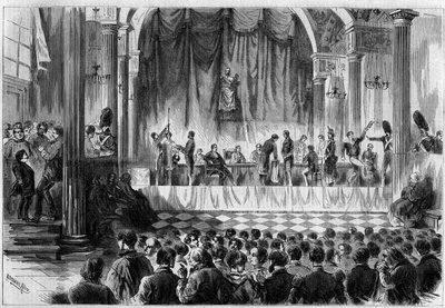 Sotilaallinen rekrytointi: vuoden 1858 varusmiesten arvonta Pariisin Hotel de Villen Saint Jean -huoneessa. Kaiverrus "" Le Monde Illustré" -julkaisussa nro 44, 13. helmikuuta 1858. tekijältä French School