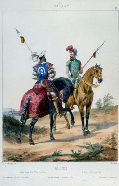Sotilaalliset univormut: Francois I:n johtamat miliisit, Pariisin kaupungin varsijousi ja takabanun jousimies 1547. Litografia 1800-luvulta. tekijältä French School