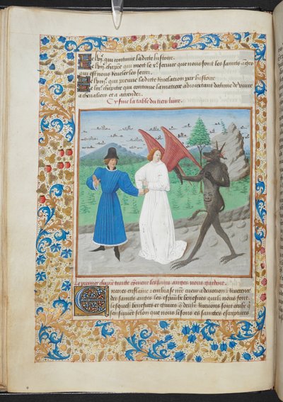 Miniatyyri miehestä suojelusenkelin ja paholaisen kanssa Sloane MS 3049 f. 27, c. 1480 (vellum) tekijältä French School