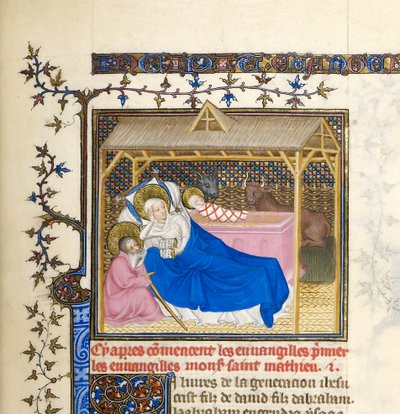 Miniatyyri, jossa Kristuksen syntymä, n.1403-1404 (yksityiskohta kuvasta BL6425489). tekijältä French School