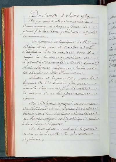 Pöytäkirja Tiedeakatemian kokouksesta 4.7.1789 (muste paperille) tekijältä French School