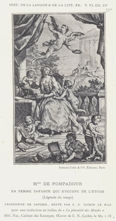 Mme De Pompadour, oppineena naisena, joka huolehtii opiskelusta, Legend of Time (litho) tekijältä French School