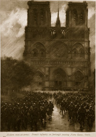 Nykyaikaiset asemiehet: Ranskan jalkaväki lomalla ohittaessaan Notre Damen Pariisissa, 1914-19 tekijältä French School