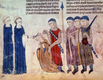 Munkki niitti rangaistuksena irstailusta. Miniatyyri käsikirjoituksesta "" Toulousen tulli" (Folio 33V) tekijältä French School