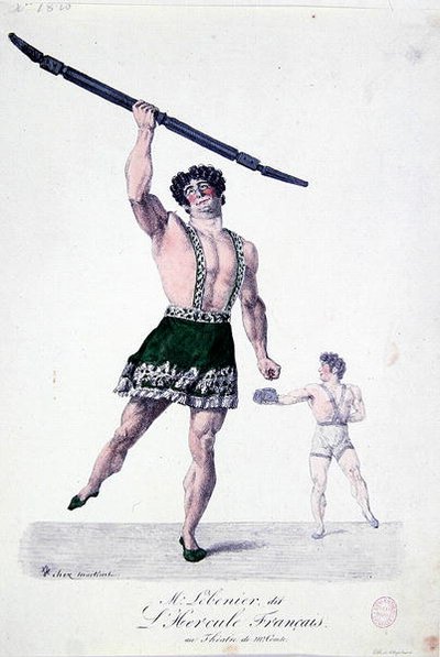 Monsieur Lebenier, joka tunnetaan nimellä "ranskalainen Hercules", n. 1820-1830 (värilitho) tekijältä French School
