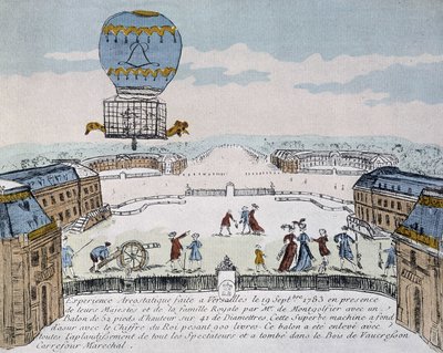 Montgolfierin ensimmäinen eläinten asuttaman aerostatin lento järjestettiin Versaillesissa 19. syyskuuta tekijältä French School