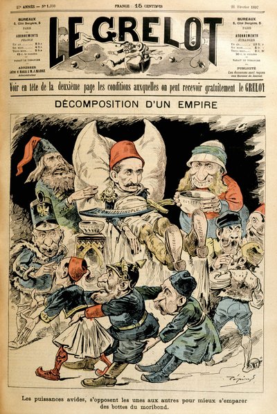 Kuoleva Turkki ja vieraat voimat taistelevat hänen saappaistaan, kansi "" Le Grelot"" 21.2.1897. tekijältä French School