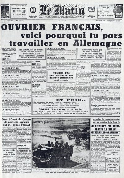 Aamulehti nro 21311, 20. lokakuuta 1942: Sto - Pakollinen työpalvelu - Miksi mennä töihin Saksaan - tekijältä French School