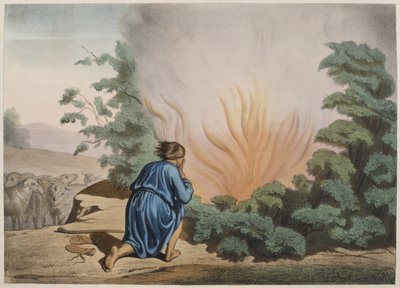 Mooses ja palava pensas, kuvitus katekisuksesta LHistoire Sainte, julkaisija Charles Delagrave, Pariisi, 1800-luvun loppu tekijältä French School