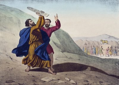 Mooses rikkoo lain tauluja ja kultaisen vasikan palvontaa, kuvitus katekismuksesta LHistoire Sainte, julkaisija Charles Delagrave, Pariisi, 1800-luvun loppu tekijältä French School