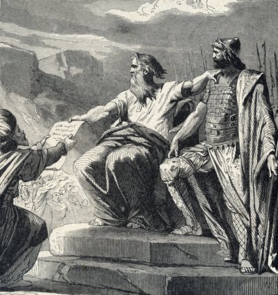Mooses käskee Israelin kansaa tunnustamaan Josuen vallan (Mooses valitsi Joosuan seuraajakseen) Kaiverrus "Pyhästä historiasta", Lahure 1800-luvun yksityiskokoelma tekijältä French School