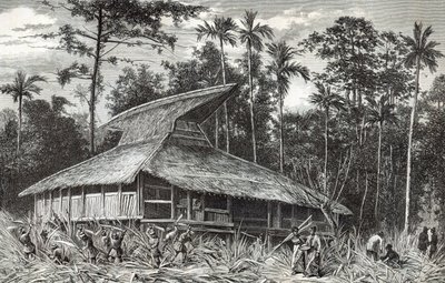 Moskeija Dodingassa, Uudessa-Guineassa, kuvitus Le Tour du Monde -lehdestä, 1879 tekijältä French School