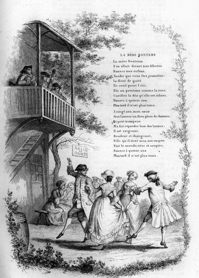 Äiti Bontems (Bontemps). Nuorten parien tanssi kylässä muusikoiden parvekkeella. Kaiverrus "" Chants et chansons populaire de la France"", Tome 2 tekijältä French School