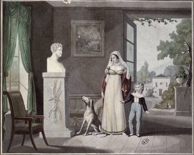 Äiti ja poika itkevät ennen kuolleen sotilaan rintakuvaa, 1800-luvun alku tekijältä French School