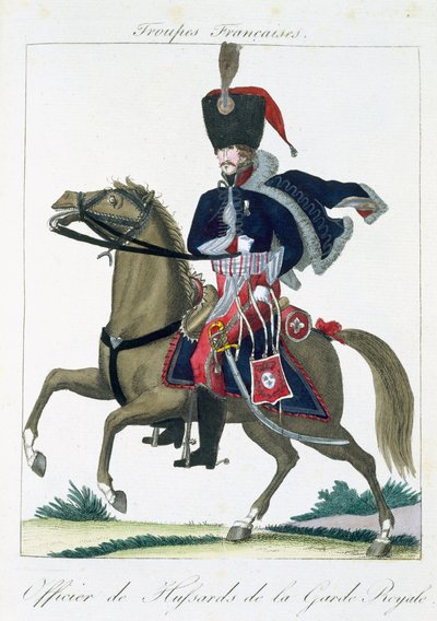 Kuninkaallisen kaartin husaarien upseeri, Troupes Francaises, pub. chez Basset, Pariisi, noin 1790 tekijältä French School