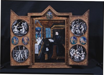 Surukaappi, jossa on kohtauksia Kristuksen elämästä ja Henri II:n (1519-59) ja Katariina de Medicin (1519-89) ominaisuuksia (emali ja puu) tekijältä French School