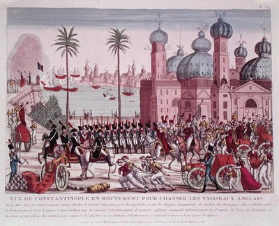 Joukkojen liike pakottaakseen englantilaisia aluksia Konstantinopolista, 21. maaliskuuta 1807 (värillinen kaiverrus) tekijältä French School