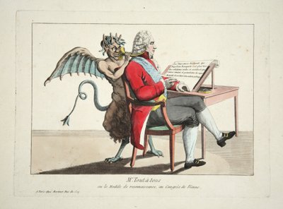 Mr. Tout-a-tous tai Tunnustuksen malli Wienin kongressissa, pub. 1815 (värikaiverrus) tekijältä French School