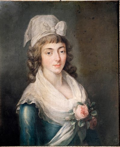 Rouva Roland: Muotokuva Madame Rolandista (1754 - 1793), Ranskan vallankumouksen hahmo, jolla on Girondin-lakkinen. maalaus ranskalaisesta koulusta tekijältä French School