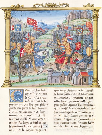 Ms.18 f.7v Montlheryn taistelu hyvän yleisön liigan sodan aikana, 14. heinäkuuta 1465, Philippe of Comminesin muistelmista (1445-1509) tekijältä French School