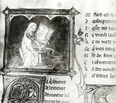 Ms.3142 fol.256 Marie de France (fl.12th century) kirjoitus, ranskalaisten runojen antologiasta, n. 1280-1290 (yksityiskohta) tekijältä French School