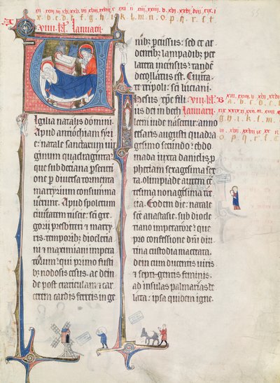 Ms.838 fol.55 Historioidut nimikirjaimet "U" ja "I", jotka kuvaavat syntymää ja lapsen Kristusta, "Obituaire de Notre Dame de Pres" -kirjasta, vuoden 1270 jälkeen (katso myös 155905) tekijältä French School