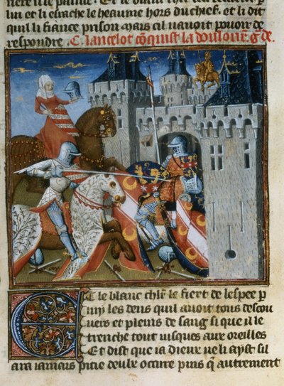 Ms.Fr 118 f.189v Sir Lancelot vangitsee Dolorous Garden uudella kilven avulla, jonka Lady of the Lake antoi hänelle Livre de Messire Lancelot du Lacista tekijältä French School
