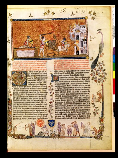 Ms.Fr 122 f.1 Sir Lancelot ylittää miekkasillan Roman de Lancelot du Lacista, 1344 tekijältä French School