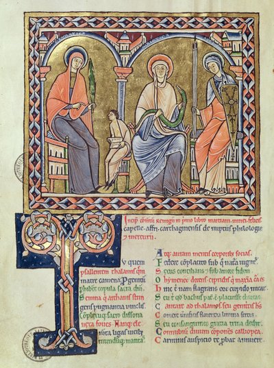 Ms 1041 f.1v kielioppi, murre ja retoriikka Martianus Capellan Satyriconista, n. 1200 tekijältä French School
