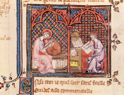 Ms 1044 Fol.16v Sana, maailman luoja ja kirjaansa kirjoittava kirjailija, Ovide Moralisesta kirjoittanut Chretien Legouais tekijältä French School