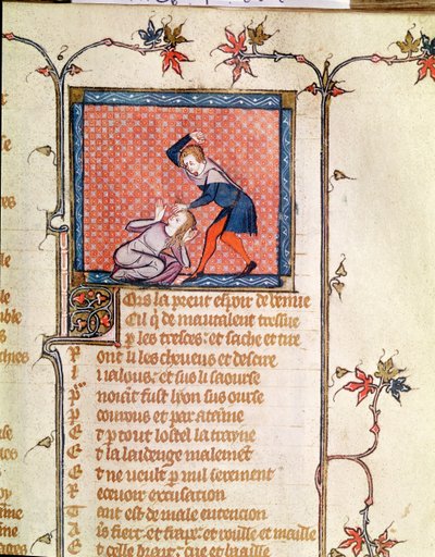 Ms 1126 f.66r Mustasukkaisuuden väkivalta, Roman de la Rose n. 1487-1495) tekijältä French School