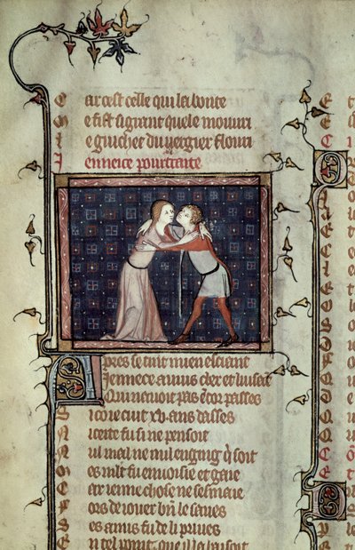 Ms 1126 fol.8r Youth and Love Embracing, Guillaume de Lorisin ja Jean de Meungin Le Roman de la Rosesta tekijältä French School