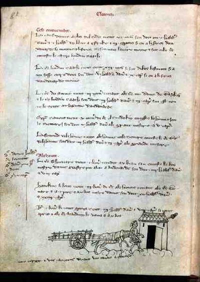 Ms 1175 f.8v Farmer hevosensa ja kärryineen, Vieil Rentier dAudenarde, 1291-1302 tekijältä French School