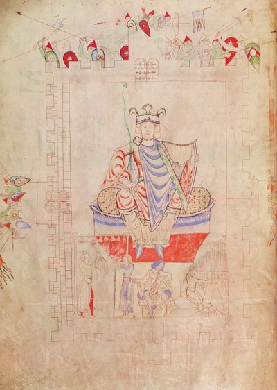 Ms. 1215 t.3 fol.13v Kuningas Daavid majesteettisuudessa Jerusalemin keskustassa, 1109 tekijältä French School