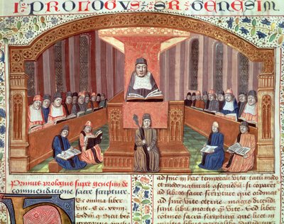 Ms 129 f.32 Teologian oppitunti Sorbonnessa, Postilles sur le Pentateuch, kuvitus Nicolas de Lyren kirjoittamaan tekstiin tekijältä French School