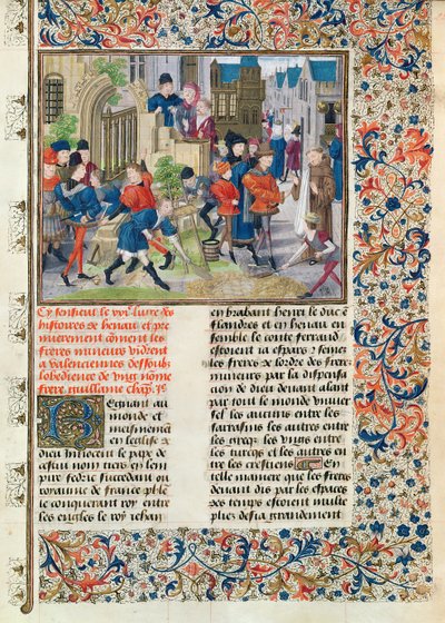 Ms 149 t.3 f.235 Valenciennesin alaikäisten luostarin perustusten rakentaminen, Histoire des Nobles Princes de Hainaut