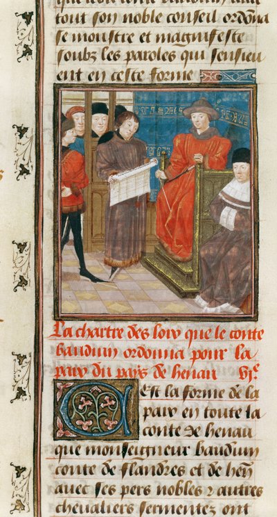 Ms. 149t.3 fol.175 v Peruskirja, jonka mukaan kreivi Baudouin VI of Hainault määräsi Hainaultin maan rauhan tekijältä French School