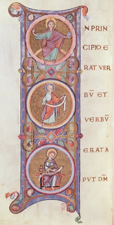 Ms 14 fol.60v Historioitu alkukirjain I kuvaa Pyhän Johanneksen evankeliumin alkua tekijältä French School