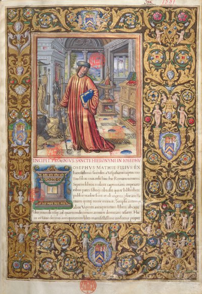 Ms. 1581 f. 001 Flavius Josephus työssään, kuvitus Flavius Josephuksen prologiin juutalaisten muinaismuistoista (Antiquitates Judaicae), n. 1503 tekijältä French School